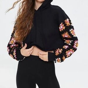 Crochet Granny Squares Sleeves Forever21 Cropped Hoodie Black Size Small
